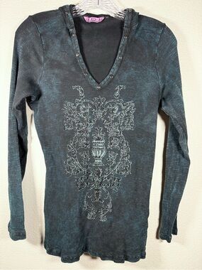 IDI by Mathew Women’s M V-Neck Distressed Long Sleeve Hoodie in Teal-Black